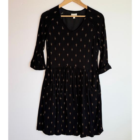 Garnet Hill Bohemian Tiered Pocket Detail Dress Size 4 Black Floral Emblem Print - Picture 1 of 16